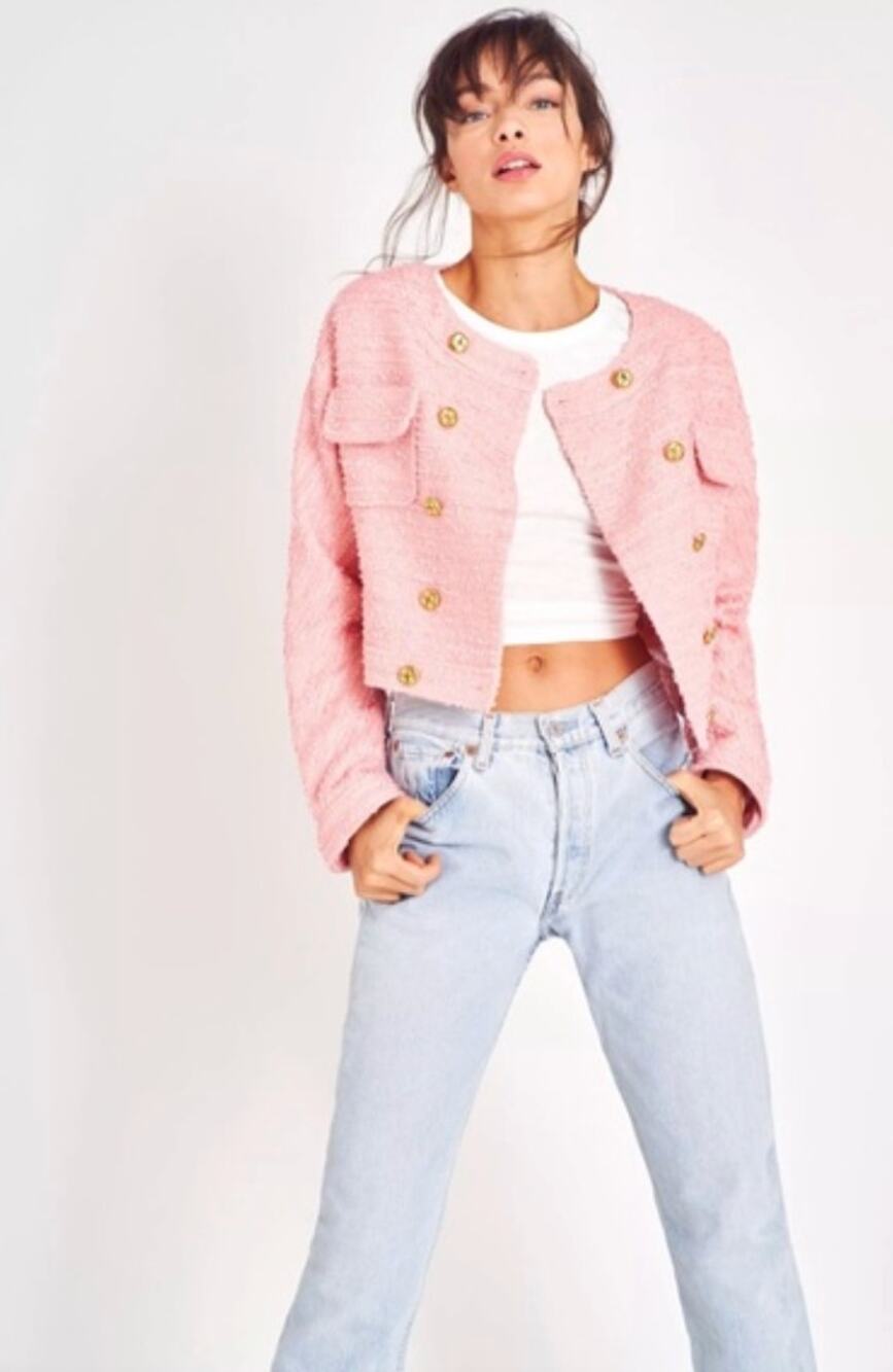 LoveShackFancy Keiran Pink Tweed Blazer Jacket Relaxed Preppy Gold Buttons XS